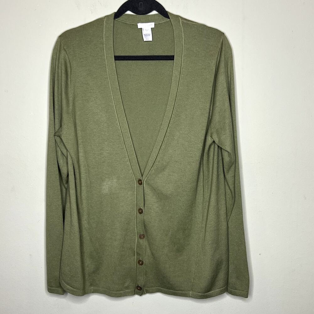 J Jill‎ Mossy Olive Green Silk Blend Button Cardigan Womens Size L
